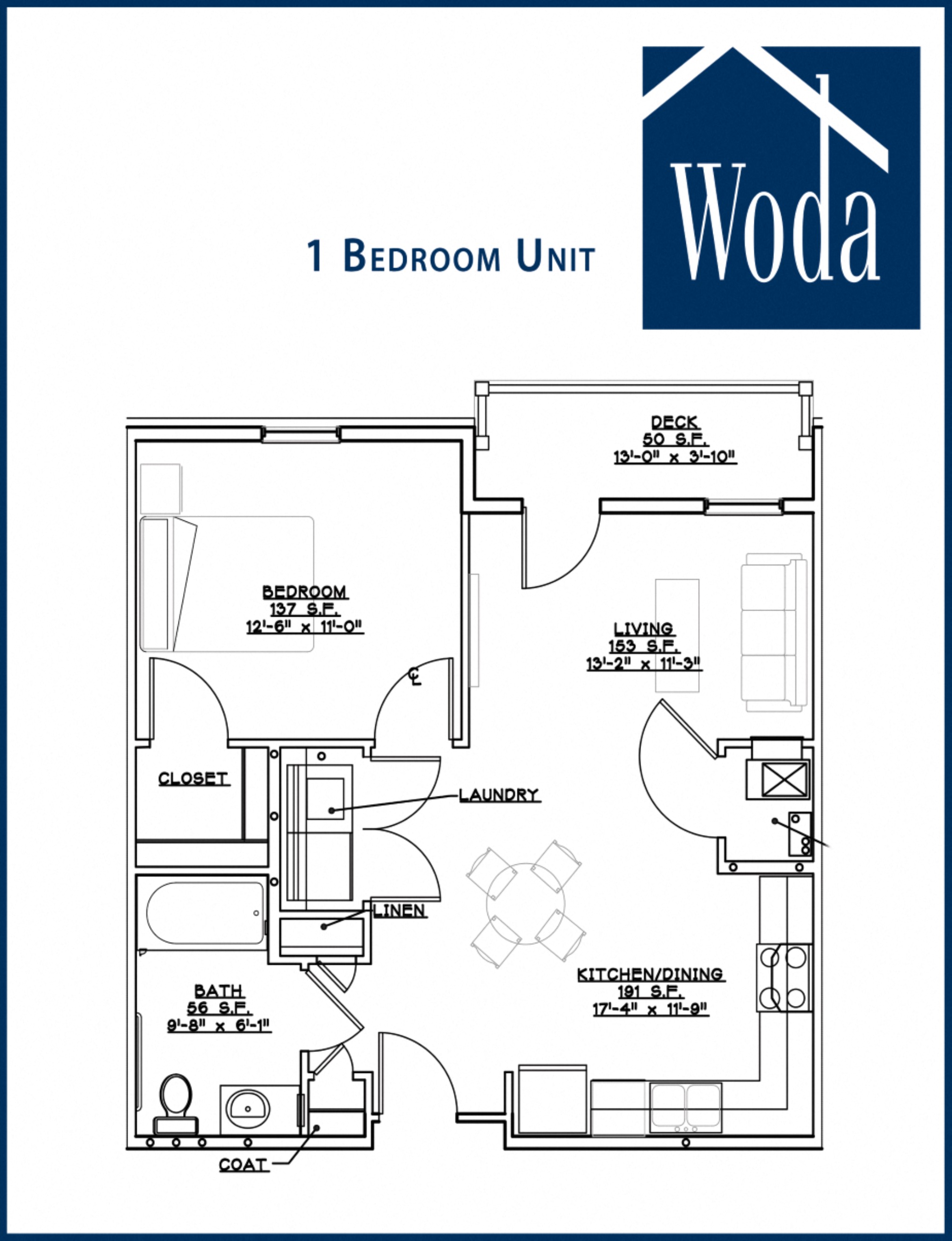 Floor plan for 1 bed, 1 bath, 662 sqft